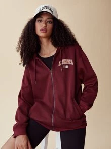 SHEIN EZwear 字母圖案拉鏈開襟抽繩連帽衫 - 酒紅色 - 查看 1