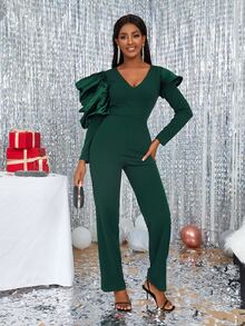 Gigot Sleeve V Neck Jumpsuit - Dark Green - View 4