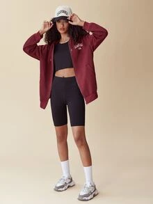 SHEIN EZwear 字母圖案拉鏈開襟抽繩連帽衫 - 酒紅色 - 查看 3