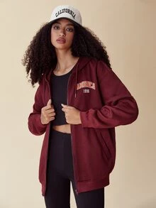 SHEIN EZwear 字母圖案拉鏈開襟抽繩連帽衫 - 酒紅色 - 查看 4