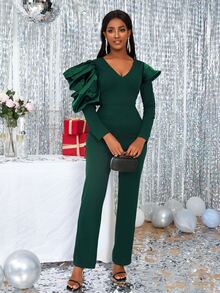 Gigot Sleeve V Neck Jumpsuit - Dark Green - View 5