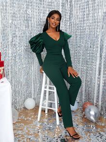 Gigot Sleeve V Neck Jumpsuit - Dark Green - View 6