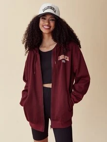 SHEIN EZwear 字母圖案拉鏈開襟抽繩連帽衫 - 酒紅色 - 查看 5