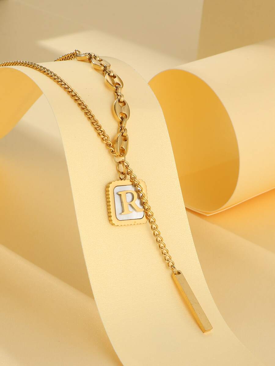 Letter Detail Square Charm Necklace - Yellow Gold - View 1