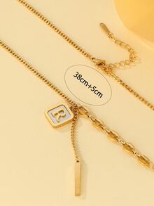 Letter Detail Square Charm Necklace - Yellow Gold - View 3