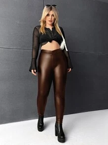 SHEIN ICON Plus Solid PU Leather Leggings - Chocolate Brown - View 5