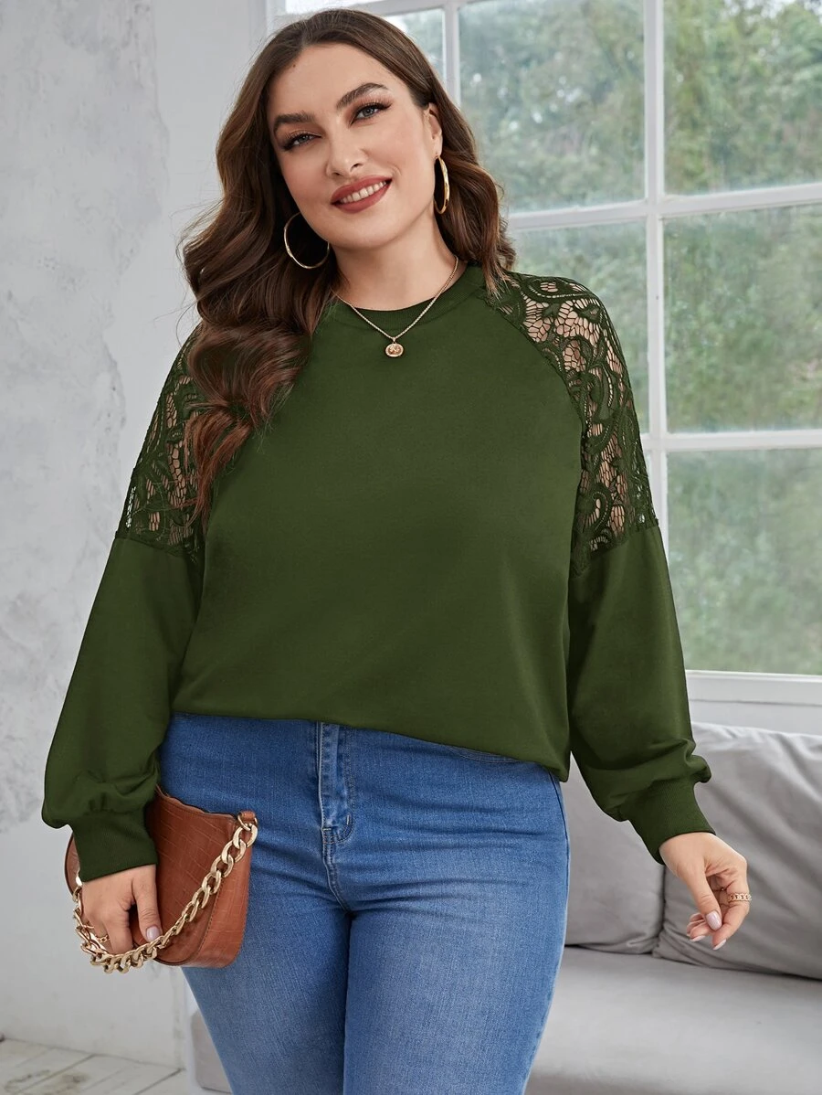 SHEIN Clasi Plus Contrast Lace Raglan Sleeve Sweatshirt - Army Green - View 1