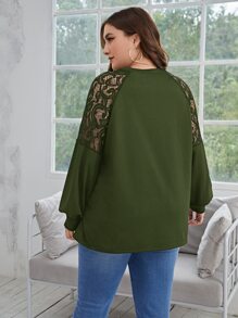 SHEIN Clasi Plus Contrast Lace Raglan Sleeve Sweatshirt - Army Green - View 2