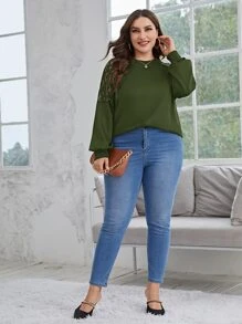 SHEIN Clasi Plus Contrast Lace Raglan Sleeve Sweatshirt - Army Green - View 4