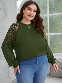 SHEIN Clasi Plus Contrast Lace Raglan Sleeve Sweatshirt - Army Green - View 5