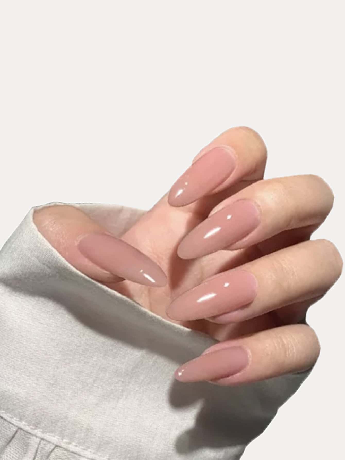 Transform Your Nails With 24pcs Long Oval Nude Plain Glossy Fake Nail & 1pc Nail File & 1sheet Tape - Pink - View 1