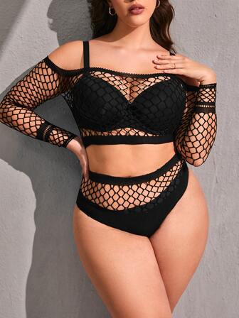 Plus Hollow Out Fishnet Lingerie Set Without Liner