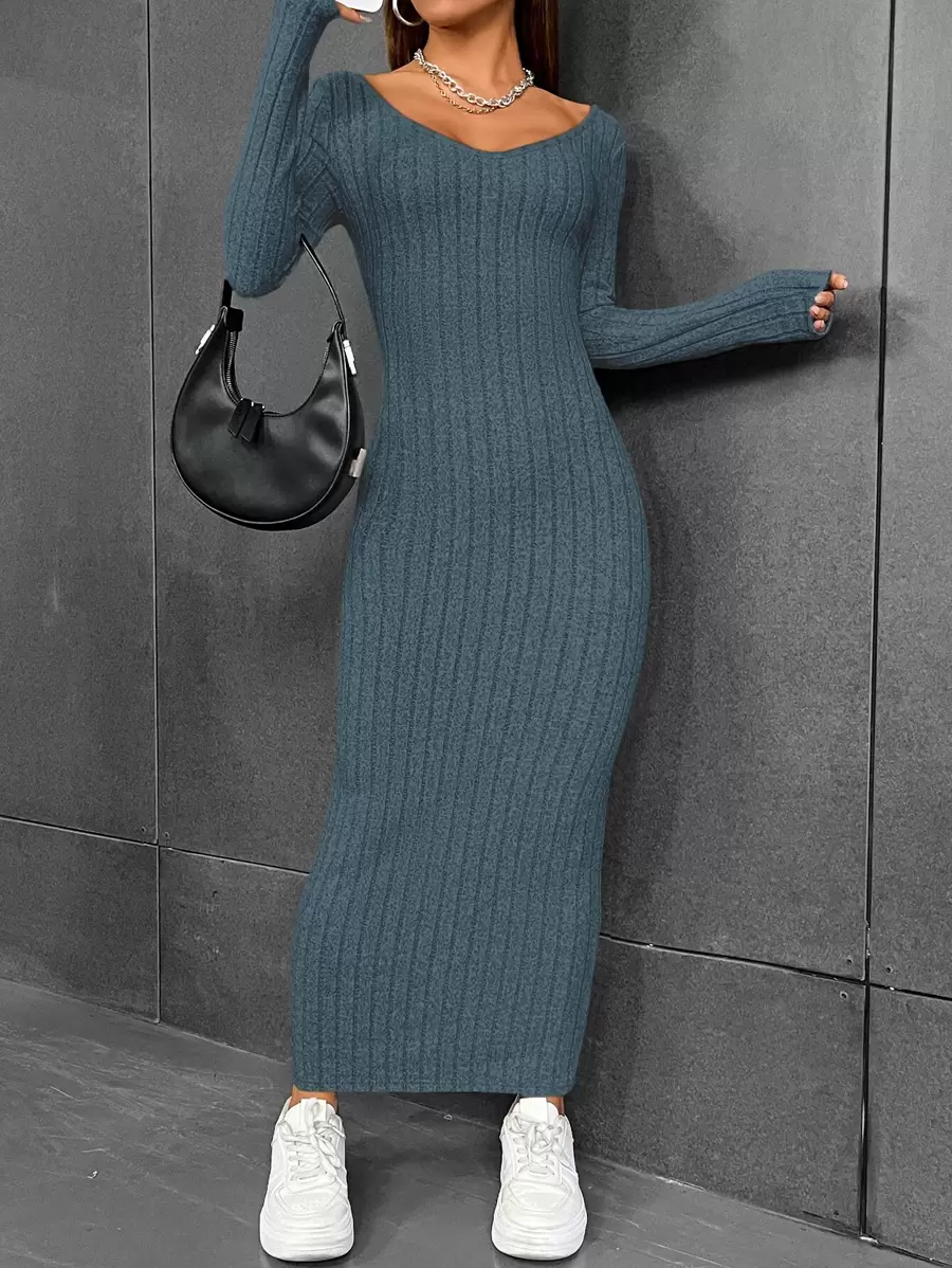 Muchica Vestido ajustado unicolor tejido de canalé - Azul - Ver 1