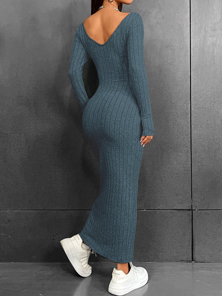 Muchica Solid Ribbed Knit Bodycon Dress - Blue - View 2