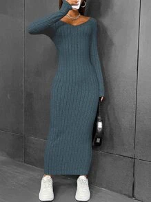 Muchica Vestido ajustado unicolor tejido de canalé - Azul - Ver 3