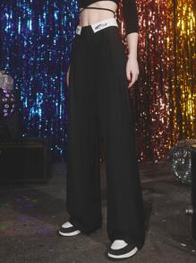 Flipped Waist Wide Leg Trousers - Black - View 1