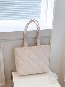 菱形绗缝单肩托特包，母亲节礼物送给妈妈 羽绒菱形绗缝托特包轻便单肩包简约加厚手提包女士 - 米色 - 查看 4