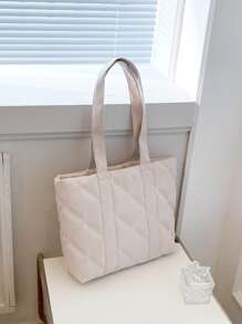 菱形绗缝单肩托特包，母亲节礼物送给妈妈 羽绒菱形绗缝托特包轻便单肩包简约加厚手提包女士 - 米色 - 查看 6
