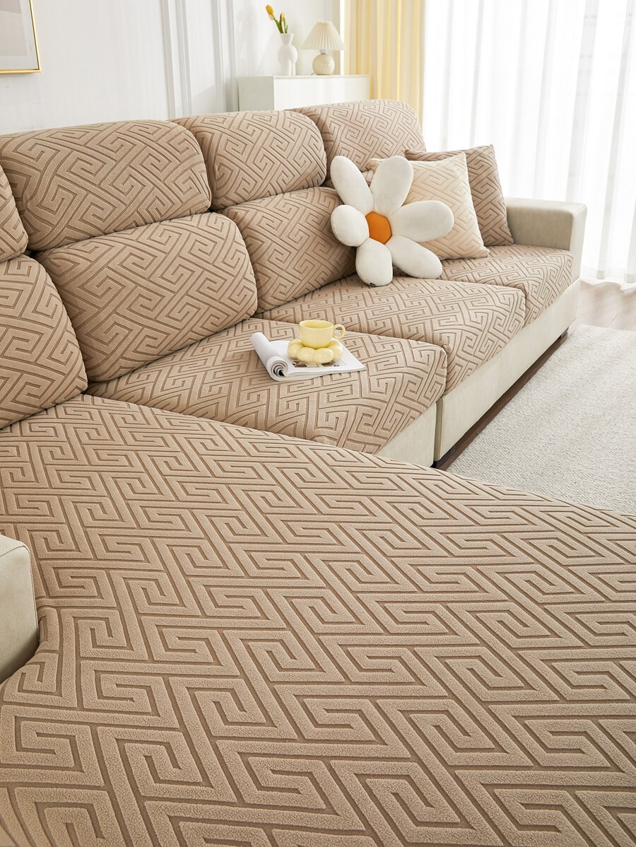 1pc Geometric Pattern Stretchy Sofa Seat Cover - Coffee Brown - View 1
