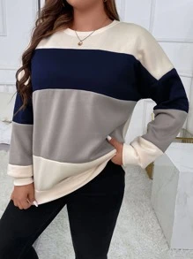 Momelise Plus Color Block Drop Shoulder Sweatshirt Graduation,Back To School Outfits,Graduation,Teacher Outfits For Women,Back To School Pullover Fall Outfit Winter Autumn - Light Grey - View 3