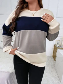 Momelise Plus Color Block Drop Shoulder Sweatshirt Graduation,Back To School Outfits,Graduation,Teacher Outfits For Women,Back To School Pullover Fall Outfit Winter Autumn - Light Grey - View 4