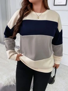 Momelise Plus Color Block Drop Shoulder Sweatshirt Graduation,Back To School Outfits,Graduation,Teacher Outfits For Women,Back To School Pullover Fall Outfit Winter Autumn - Light Grey - View 6