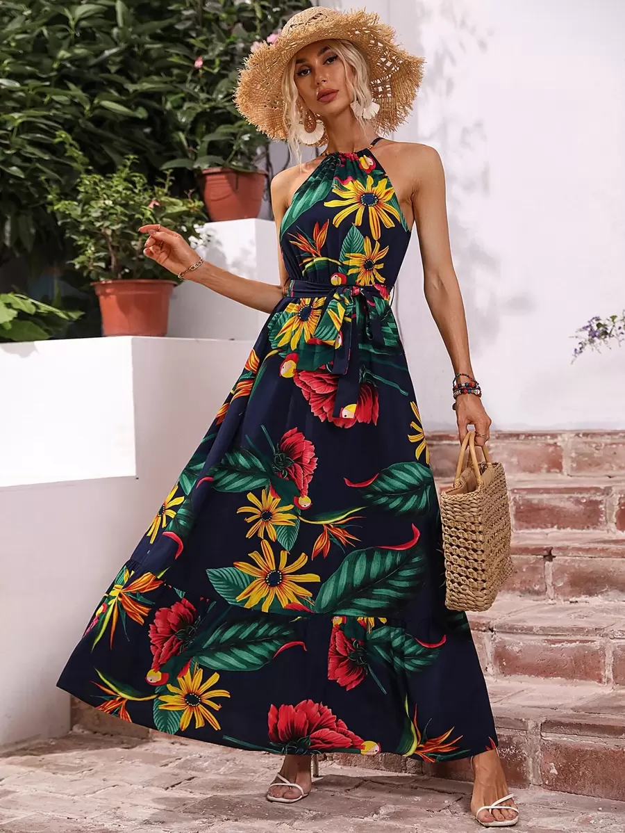 SHEIN VCAY Tropical Print Belted Halter Dress - Navy Blue - View 1