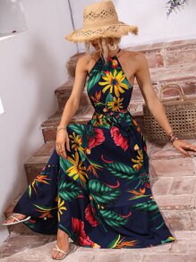 SHEIN VCAY Tropical Print Belted Halter Dress - Navy Blue - View 3