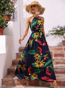 SHEIN VCAY Tropical Print Belted Halter Dress - Navy Blue - View 4