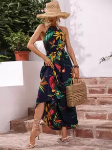 SHEIN VCAY Tropical Print Belted Halter Dress - Navy Blue - View 5