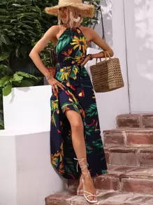 SHEIN VCAY Tropical Print Belted Halter Dress - Navy Blue - View 6