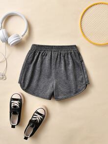 Chicas Shorts con estampado de letra tejido jaspeado - Gris Oscuro - Ver 2