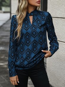 SHEIN LUNE Blusa con estampado de cuello con abertura de ojo de manga farol - azul real - Ver 6
