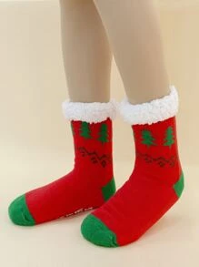 Christmas Tree Pattern Plush Lined Crew Socks - Red - View 1