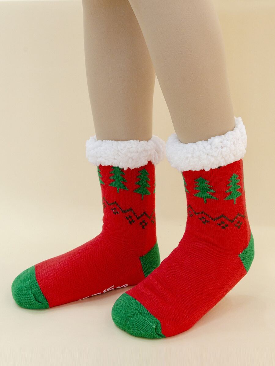 Christmas Tree Pattern Plush Lined Crew Socks - Red - View 1