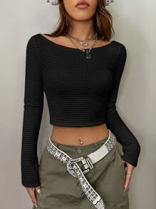 SHEIN ICON Solid Boat Neck Crop Top - Black - View 1