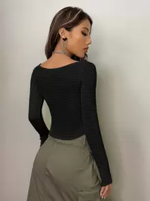 SHEIN ICON Solid Boat Neck Crop Top - Black - View 2