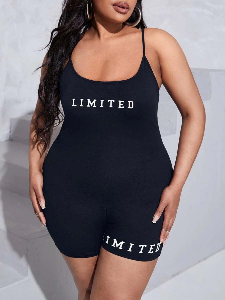 Slaydiva Jumpsuits Plus Size Lộ Lưng Lá thư Giải trí - Màu xanh hải quân - Xem 1