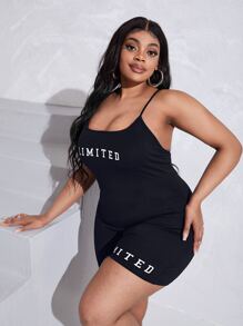 Slaydiva Jumpsuits Plus Size Lộ Lưng Lá thư Giải trí - Màu xanh hải quân - Xem 4