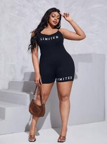 Slaydiva Jumpsuits Plus Size Lộ Lưng Lá thư Giải trí - Màu xanh hải quân - Xem 5