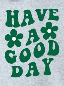 SHEIN Qutie Áo nỉ giữ nhiệt cỡ lớn, in họa tiết hoa và khẩu hiệu, có túi kangaroo và dây rút, lót lông. - Màu Xám nhạt - Xem 6