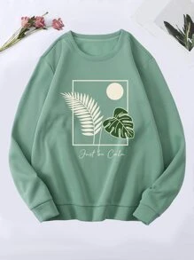 SHEIN EZwear Tropical And Slogan Graphic Thermal Lined Pullover - Mint Green - View 1
