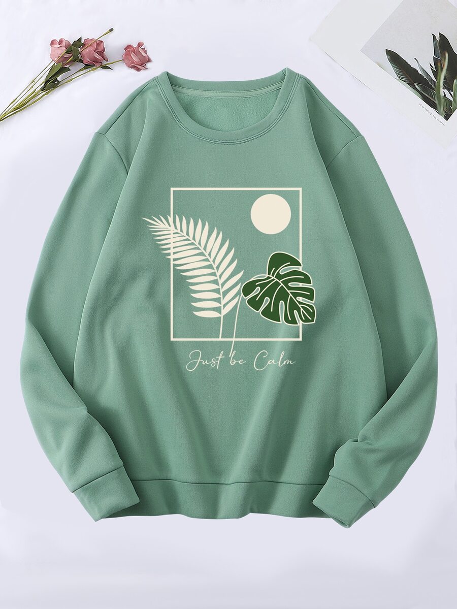 SHEIN EZwear Tropical And Slogan Graphic Thermal Lined Pullover - Mint Green - View 1