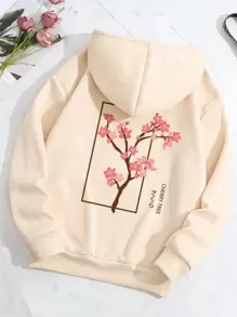 SHEIN LUNE Plus Floral & Japanese Letter Graphic Drawstring Thermal Lined Hoodie - Apricot - View 1