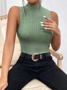 SHEIN Essnce Áo hai dây Gân đan màu trơn Giải trí - màu xanh lá - Xem 6