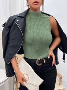 SHEIN Essnce Áo hai dây Gân đan màu trơn Giải trí - màu xanh lá - Xem 3