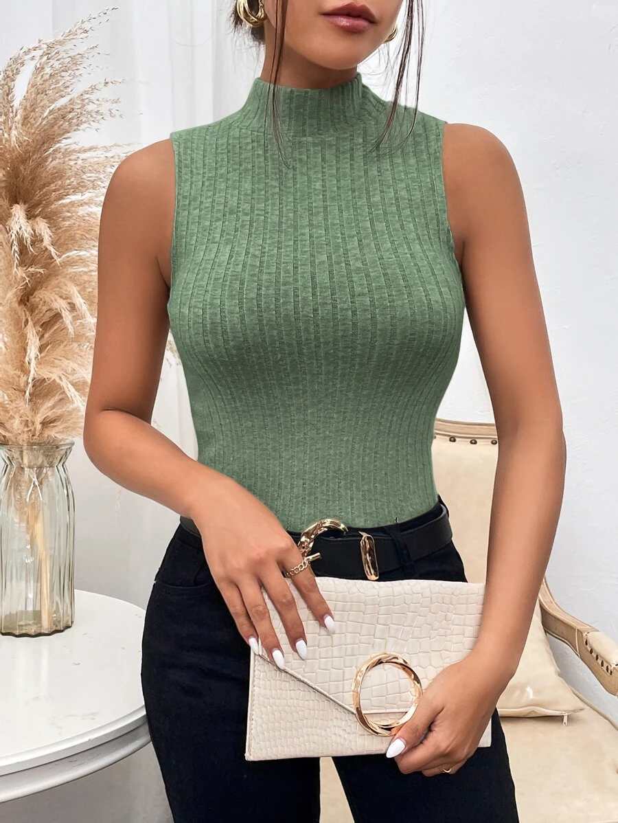 SHEIN Essnce Áo hai dây Gân đan màu trơn Giải trí - màu xanh lá - Xem 1