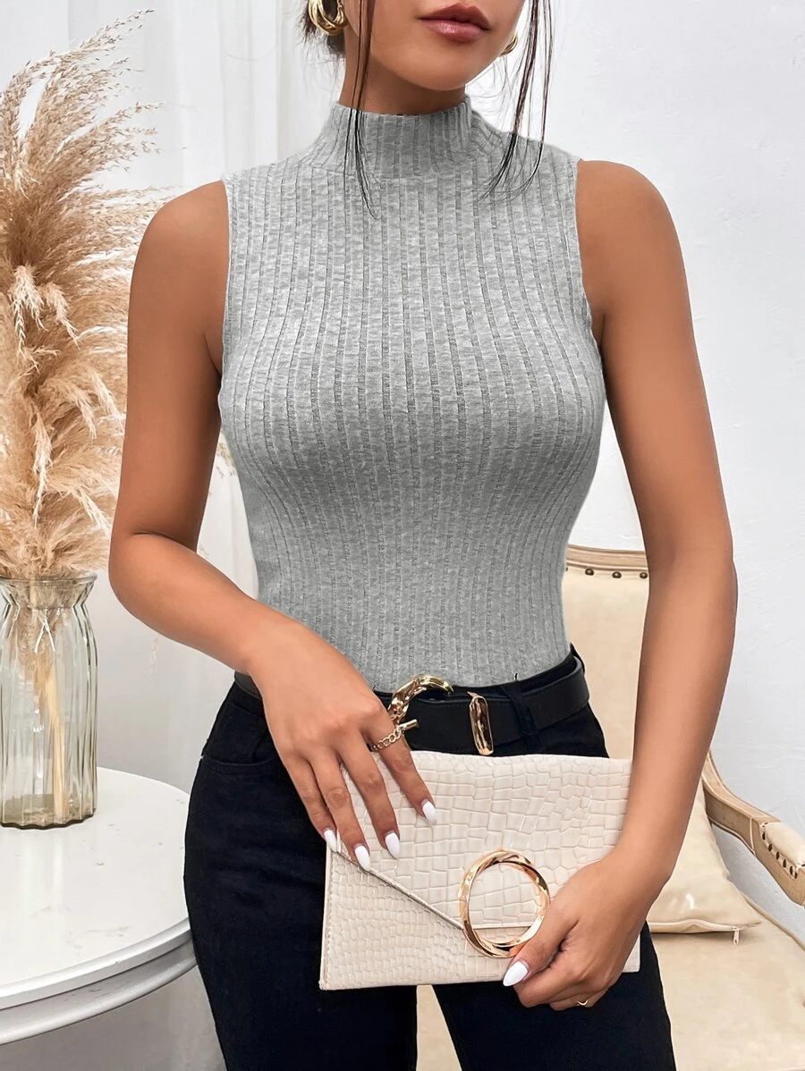 SHEIN Essnce Áo hai dây Gân đan màu trơn Giải trí - Màu Xám nhạt - Xem 1