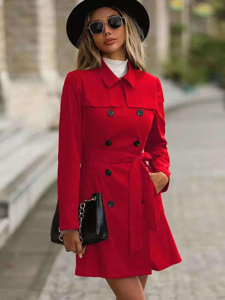 SHEIN❤テディーコート　レディース　ダブルボタン　ラペル襟 SHEIN Clasi Double Breasted Belted Trench Coat For New Year
