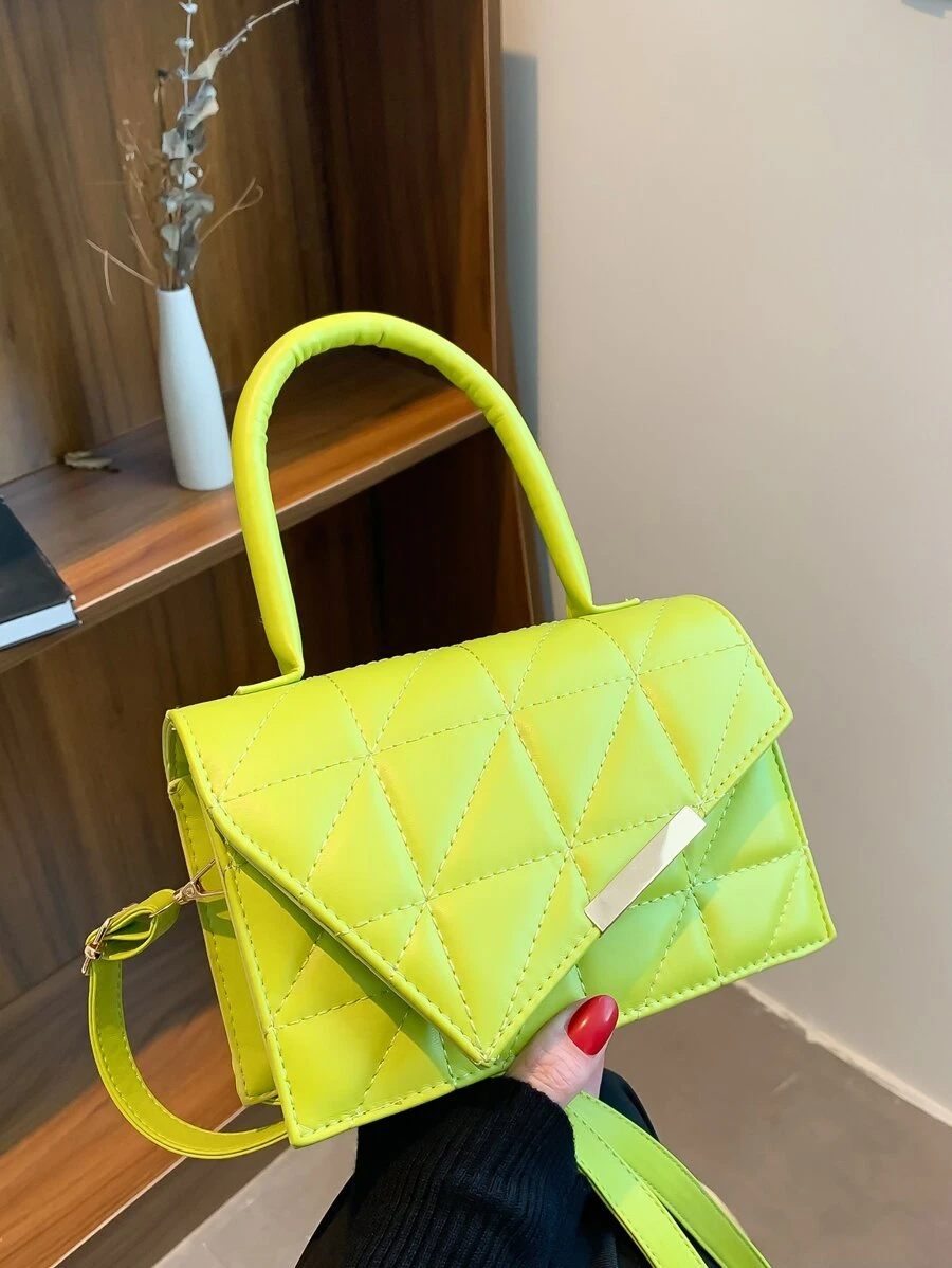 迷你熒光綠衍縫翻蓋方包 - 綠色 - 查看 1